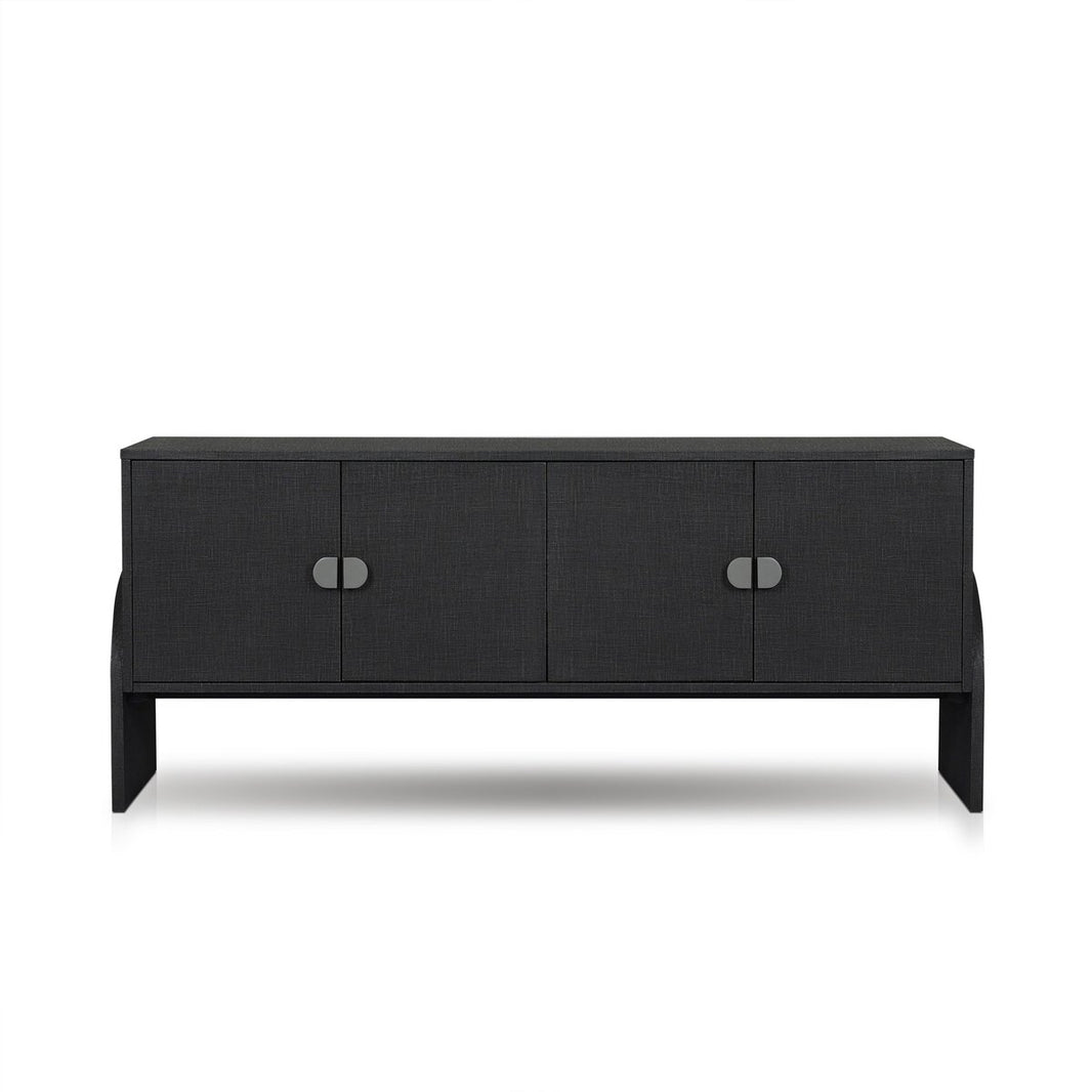 The Cressida Sideboard is a modern, rectangular black 72-inch TV stand featuring four cabinet doors with silver oval handles, shown against a white background.