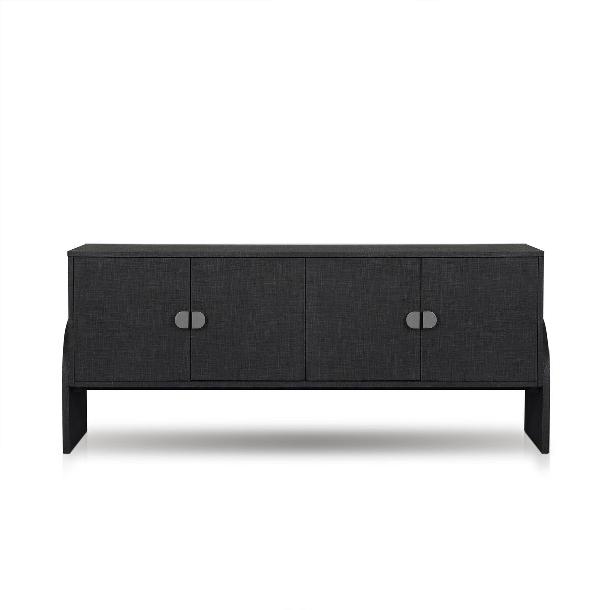 The Cressida Sideboard is a modern, rectangular black 72-inch TV stand featuring four cabinet doors with silver oval handles, shown against a white background.