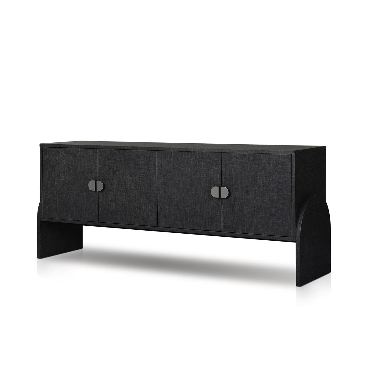 The Cressida Sideboard is a modern 72-inch storage cabinet with four doors, minimalist silver handles, curved side panels, and two solid legs—ideal as a sleek console table or stylish storage solution.