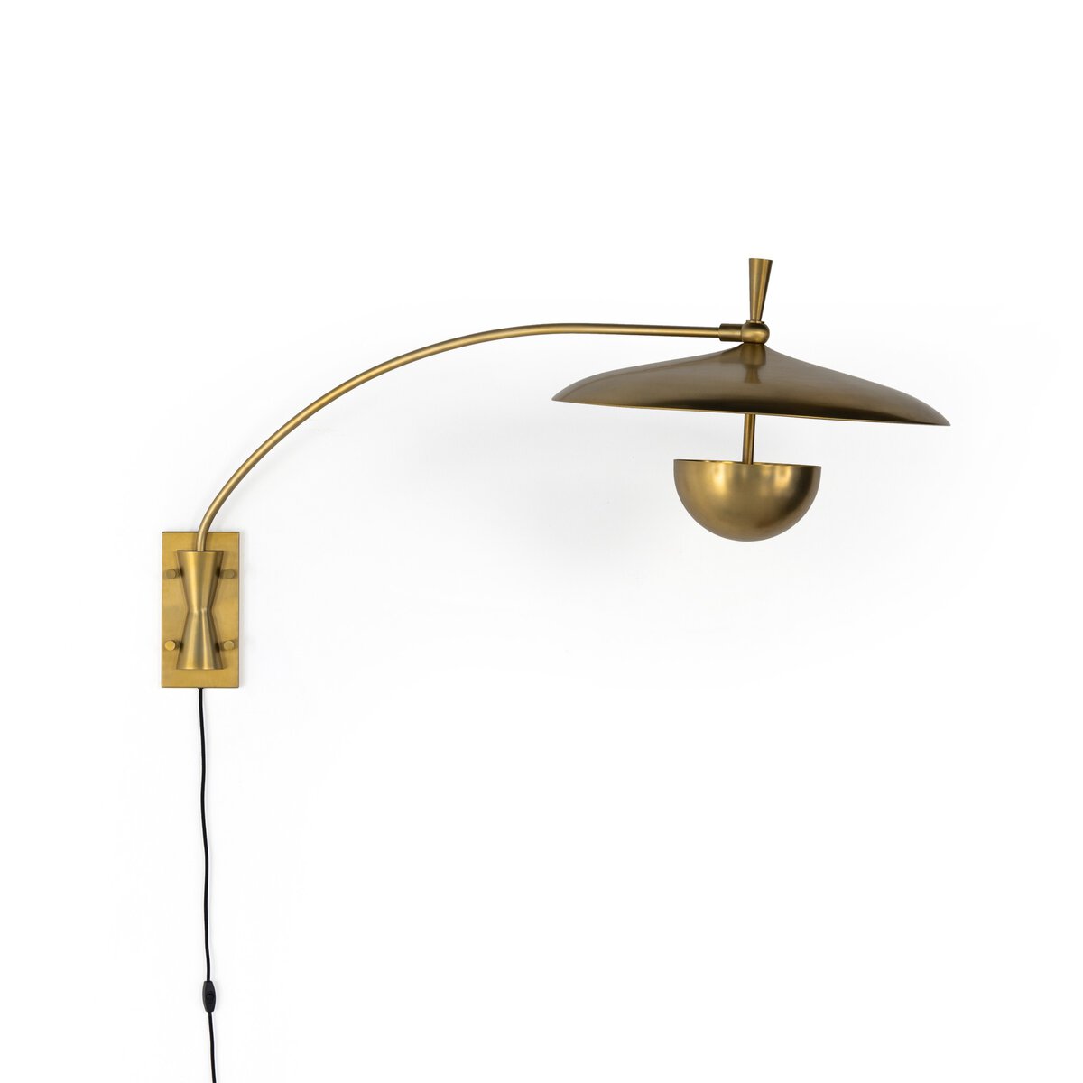 The Mid Century Brass Iron Sconce features a wall-mounted swing arm with a curved design, dome-shaped shade, and decorative plate—its size makes it perfect for pairing with sofas or furniture against a plain white backdrop.