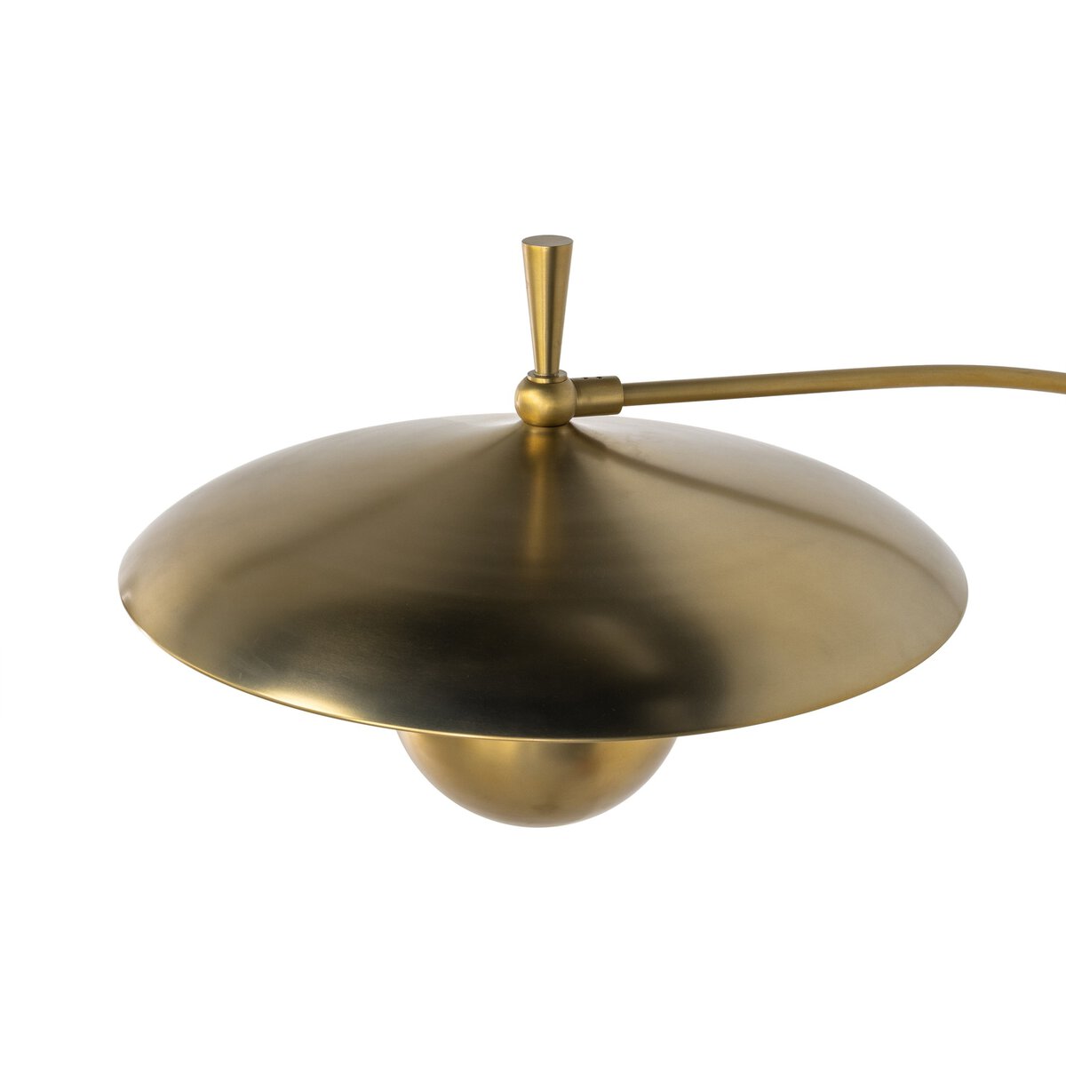The Mid Century Brass Iron Sconce features a wide, dome-shaped shade and sleek metallic finish, ideal for lighting up a modern desk or enhancing home office decor, with an arm extending from the right side.