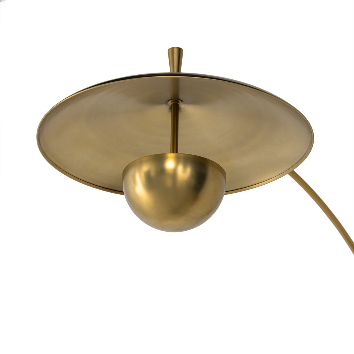 The Mid Century Brass Iron Sconce features a round, shallow disc-shaped shade and curved arm—its modern brass design is ideal for complementing any space once you know your furniture or sofa dimensions.