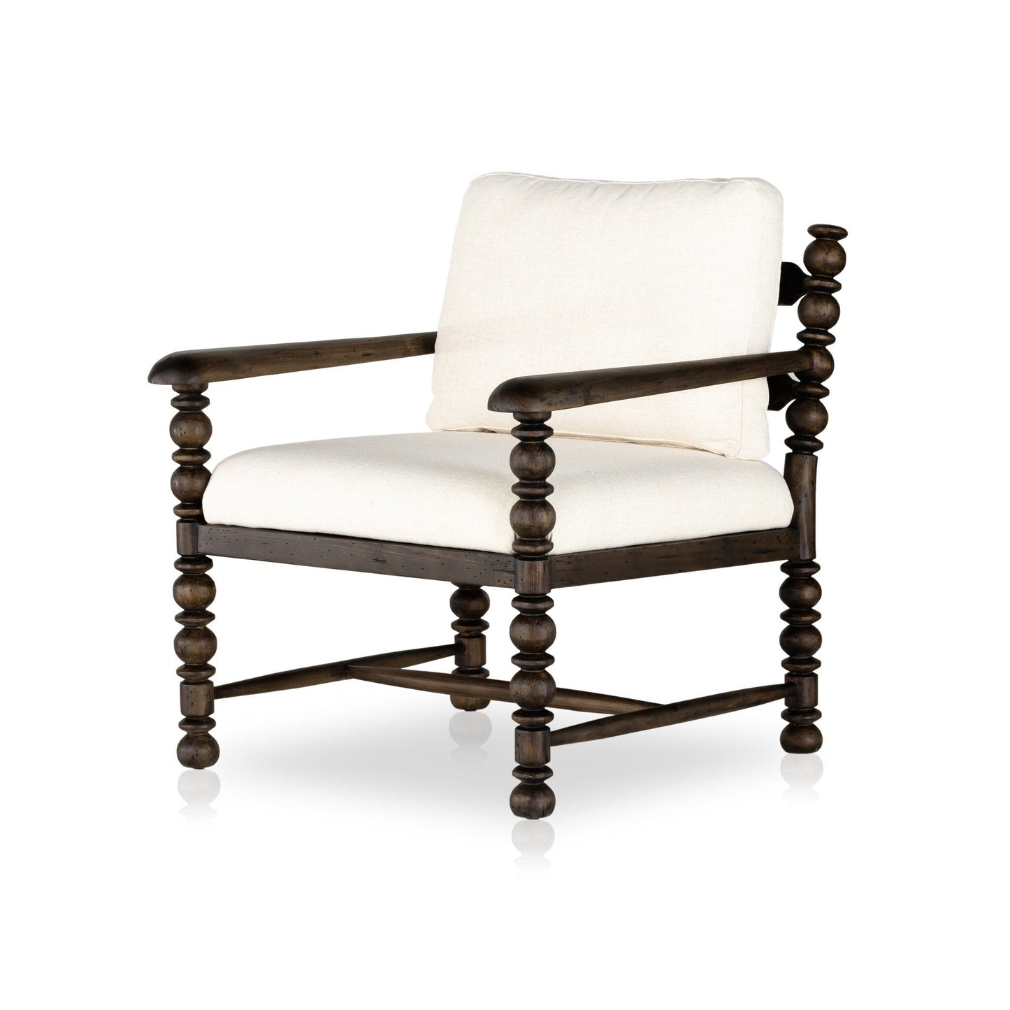 The Davies Chair is a wooden armchair with dark turned legs and frame, off-white upholstered seat and backrest cushions; overall dimensions are 28.50"w x 32.00"d x 33.00"h, shown on a white background.