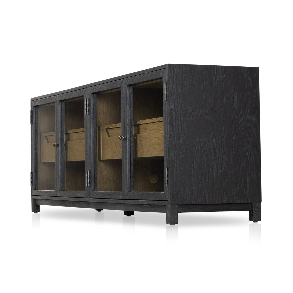 The Two-Tone Glass Media Cabinet features a modern black drifted oak finish, four glass doors, and internal wooden shelves and compartments, all set against a white background.