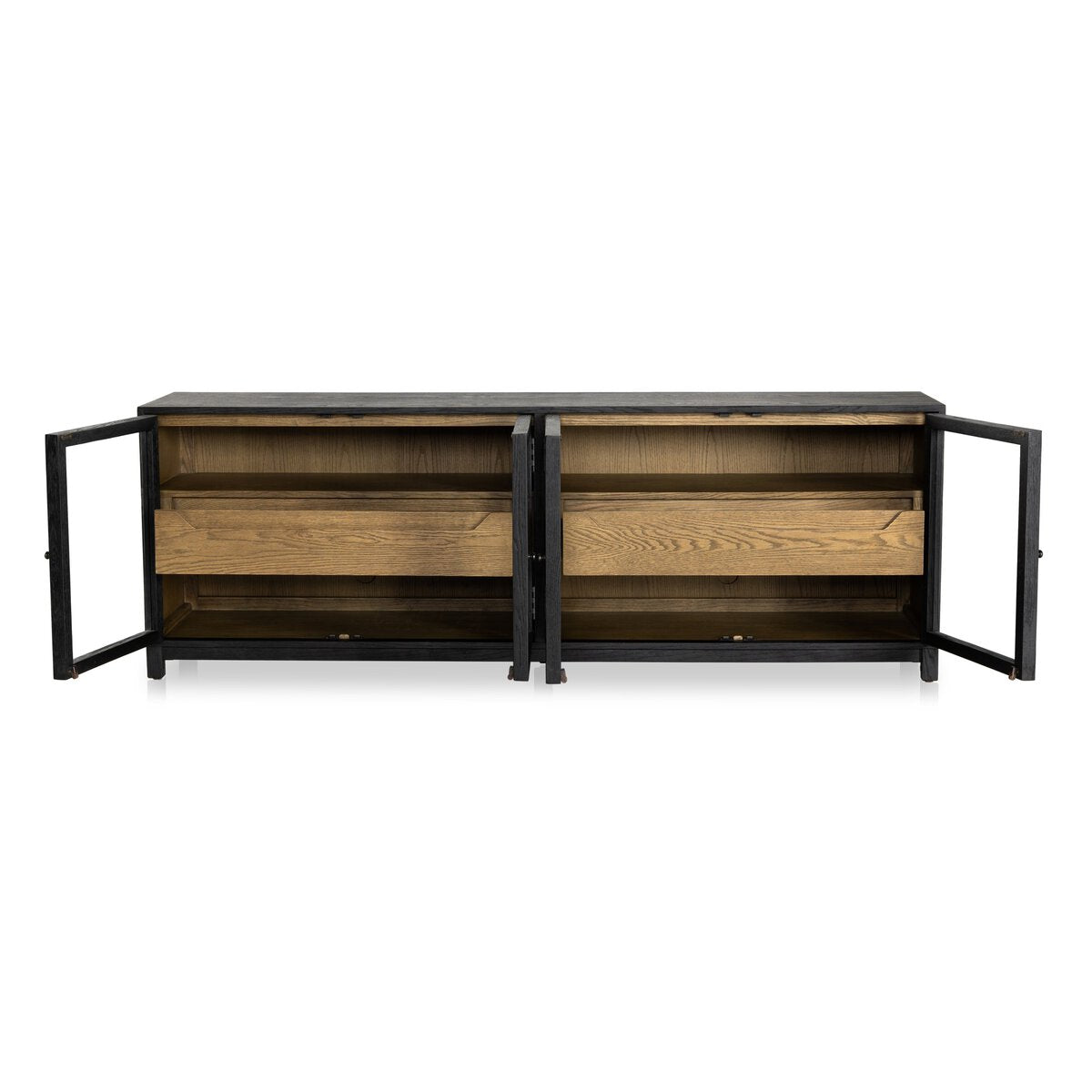 The Two-Tone Glass Media Cabinet features a black metal frame, two outward-opening glass doors, spacious interior drawers, wooden shelves, and a stylish mix of dark and natural wood finishes.
