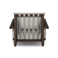 The Cardiff Outdoor Chair features a modern wooden frame with vertical slats and light gray upholstery, making it a stylish accent for your living room.