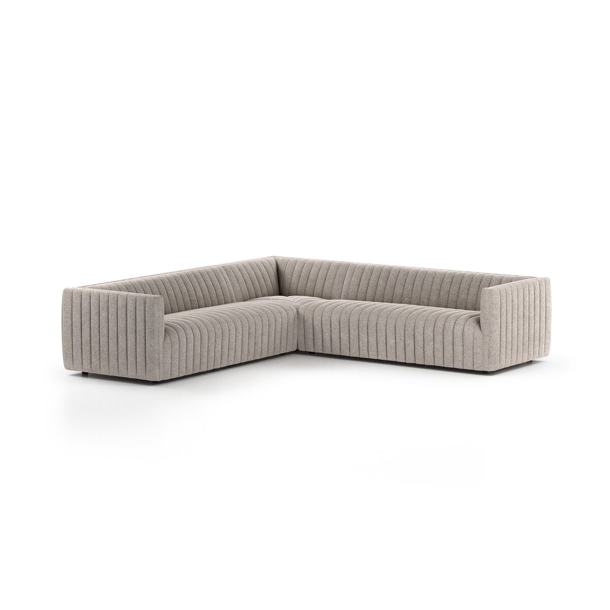 The Fluted Fabric L-Sectional features modern, light gray performance upholstery with vertical channel tufting on the backrest and seat, designed in an L-shape and shown against a plain white background.