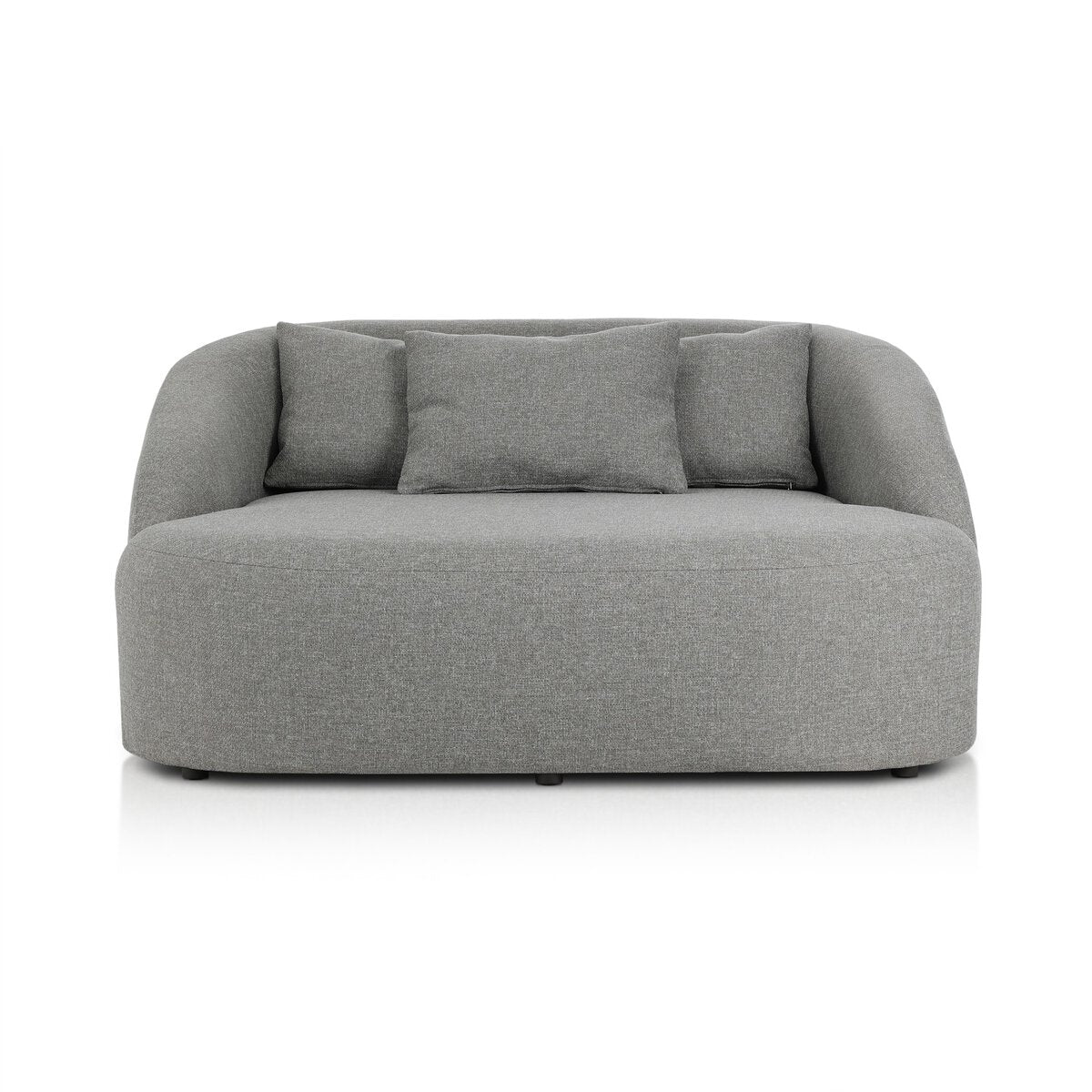 A modern Outdoor Day Bed in light gray upholstery features a curved backrest and three matching rectangular cushions, set against a white background.