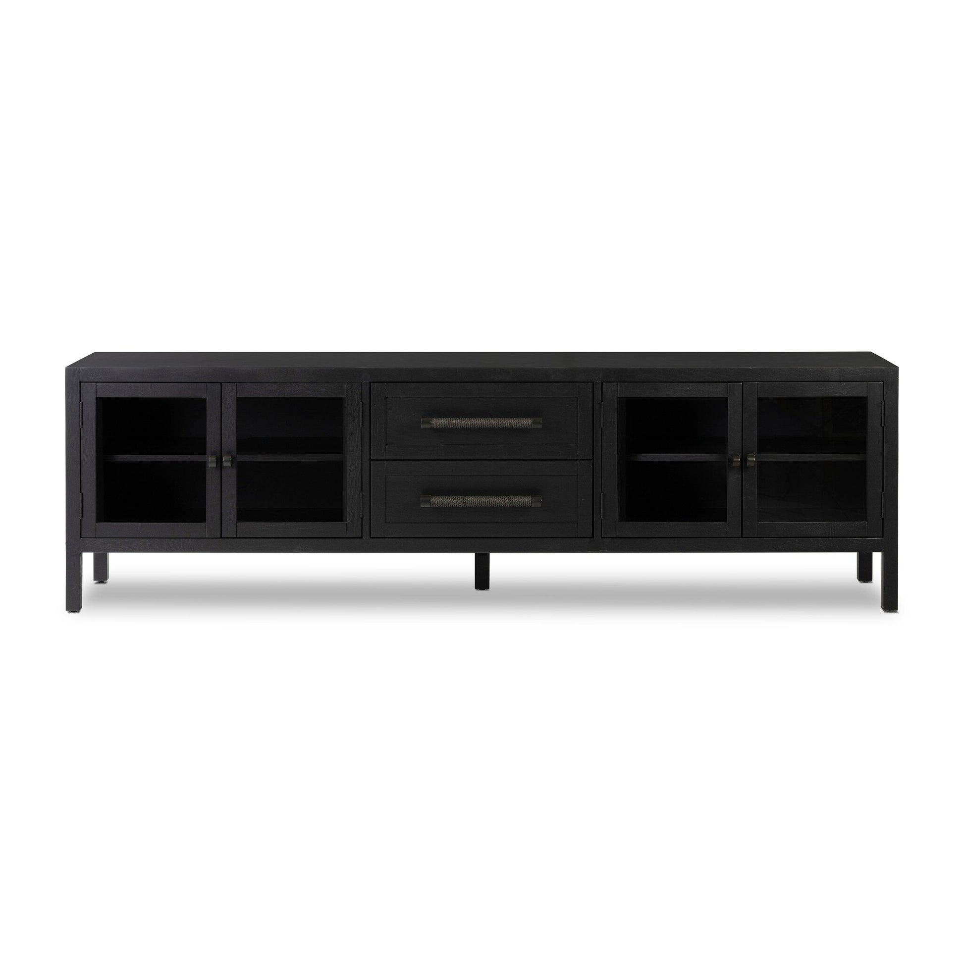 Laker Media Console: Black wooden TV stand featuring four glass cabinet doors and two center drawers, elevated on short legs. Overall dimensions: 83.75″W x 18.00″D x 25.00″H.
