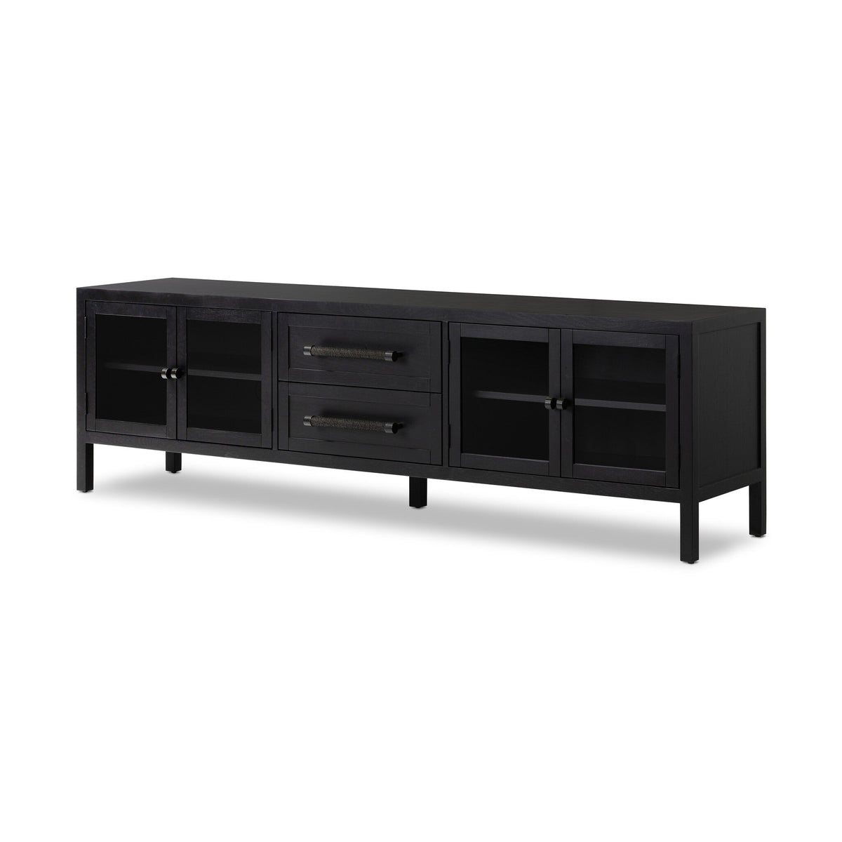 Laker Media Console in black wood finish, featuring four glass-front cabinets and two central drawers, displayed on a white background. The overall dimensions are 83.75″W x 18.00″D x 25.00″H, providing ample storage space for your media essentials.