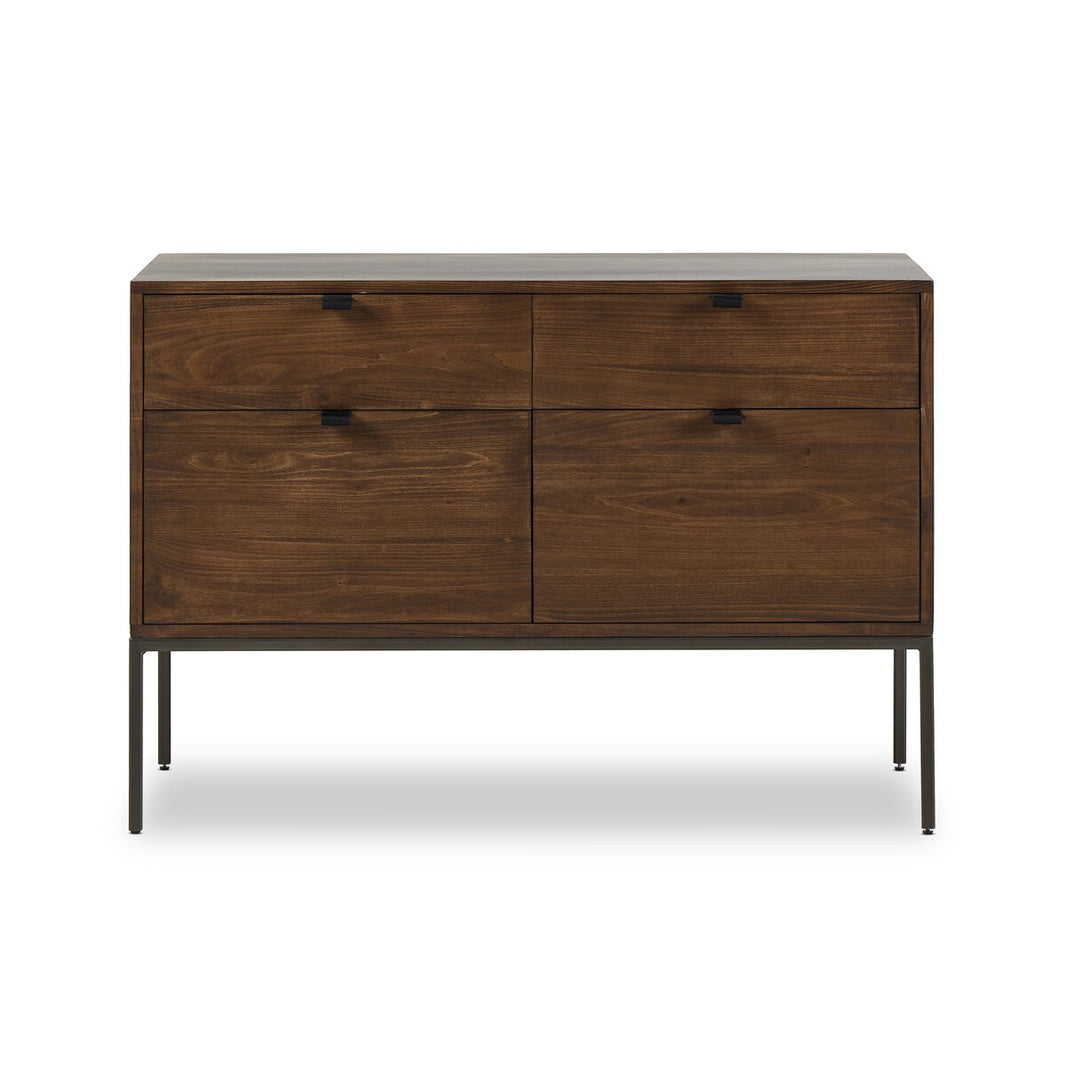 The Modular Filing Cabinet features four drawers, black metal legs, and minimalist black knobs, displayed on a white background. Dimensions: 45"w x 22"d x 31"h.