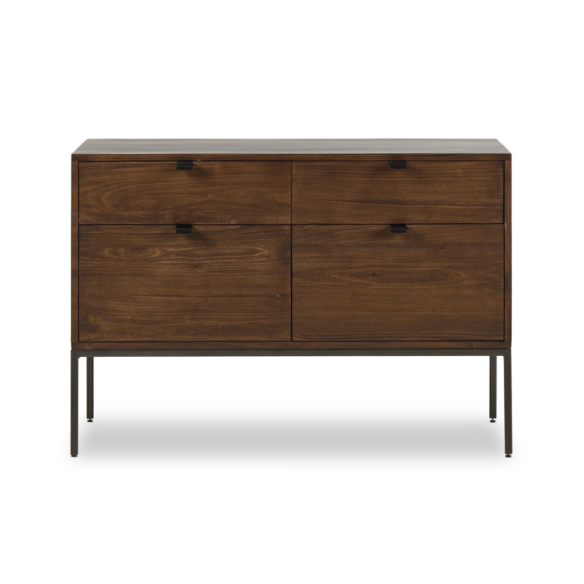 The Modular Filing Cabinet features four drawers, black metal legs, and minimalist black knobs, displayed on a white background. Dimensions: 45"w x 22"d x 31"h.