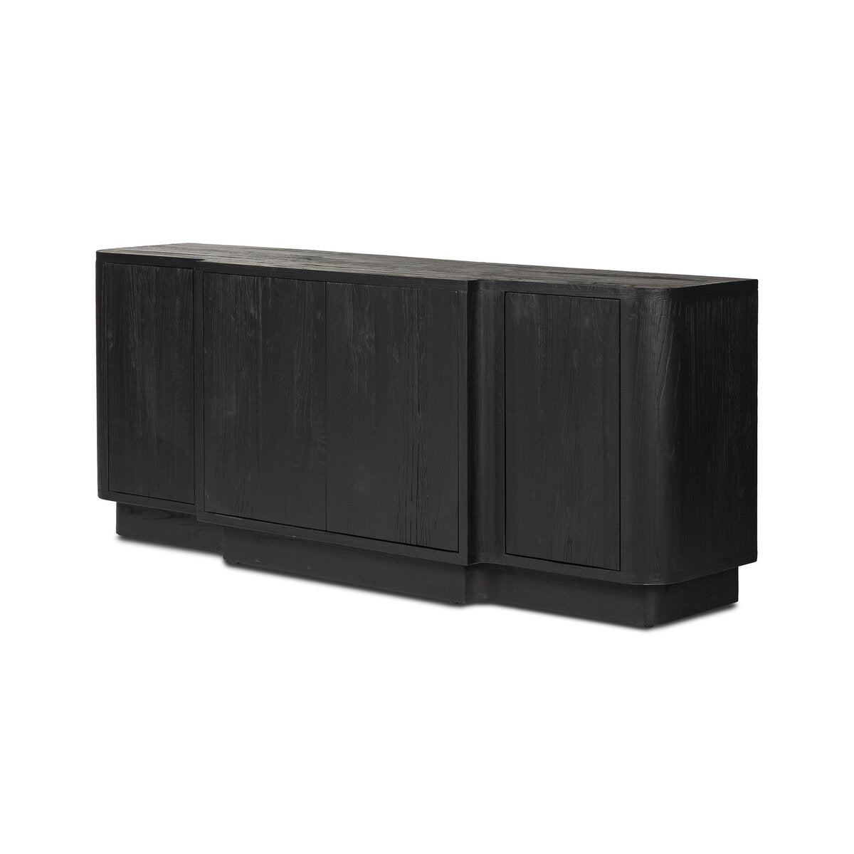 The Allandale Sideboard is a modern, rectangular black wooden 72-inch piece with four doors, minimalist design, smooth surface, subtle wood grain texture, and ample storage for contemporary spaces.