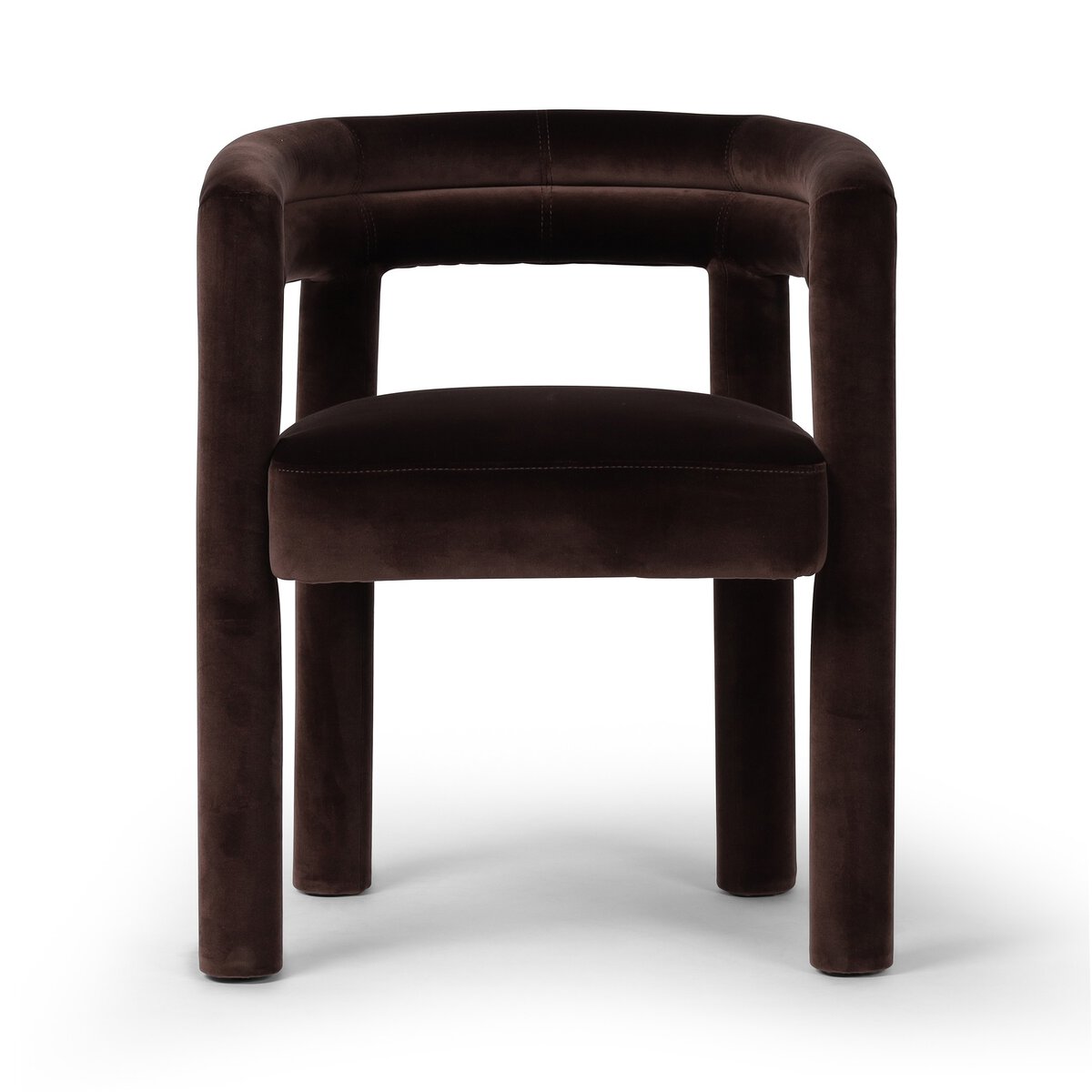 The Tacova Dining Chair features a modern, ergonomic design with a rounded backrest, sturdy thick legs, and plush dark brown upholstery, displayed from the front on a white background.