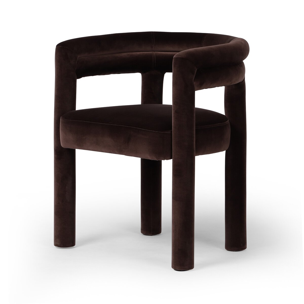 The Tacova Dining Chair features a modern design with a rounded backrest, thick cylindrical legs, and plush dark brown velvet upholstery, offering both ergonomic comfort and minimalist contemporary style.