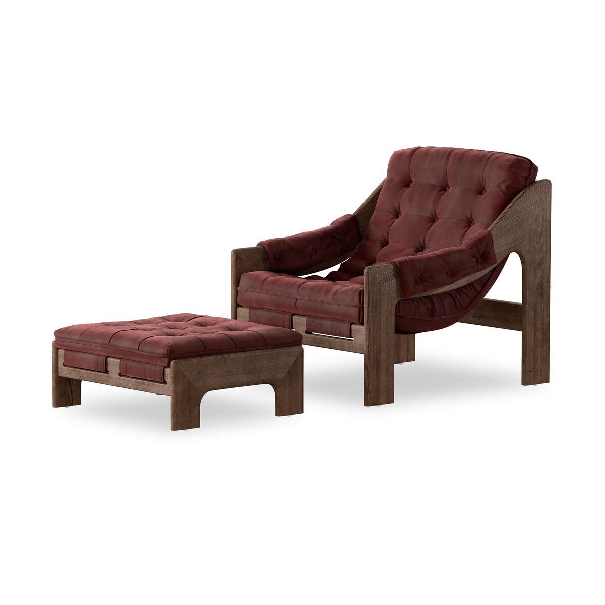 The Halston Chair With Ottoman features tufted maroon cushions and a dark wooden frame with a low, angular modern design. The set measures 30.00"w x 57.75"d x 32.00"h overall.