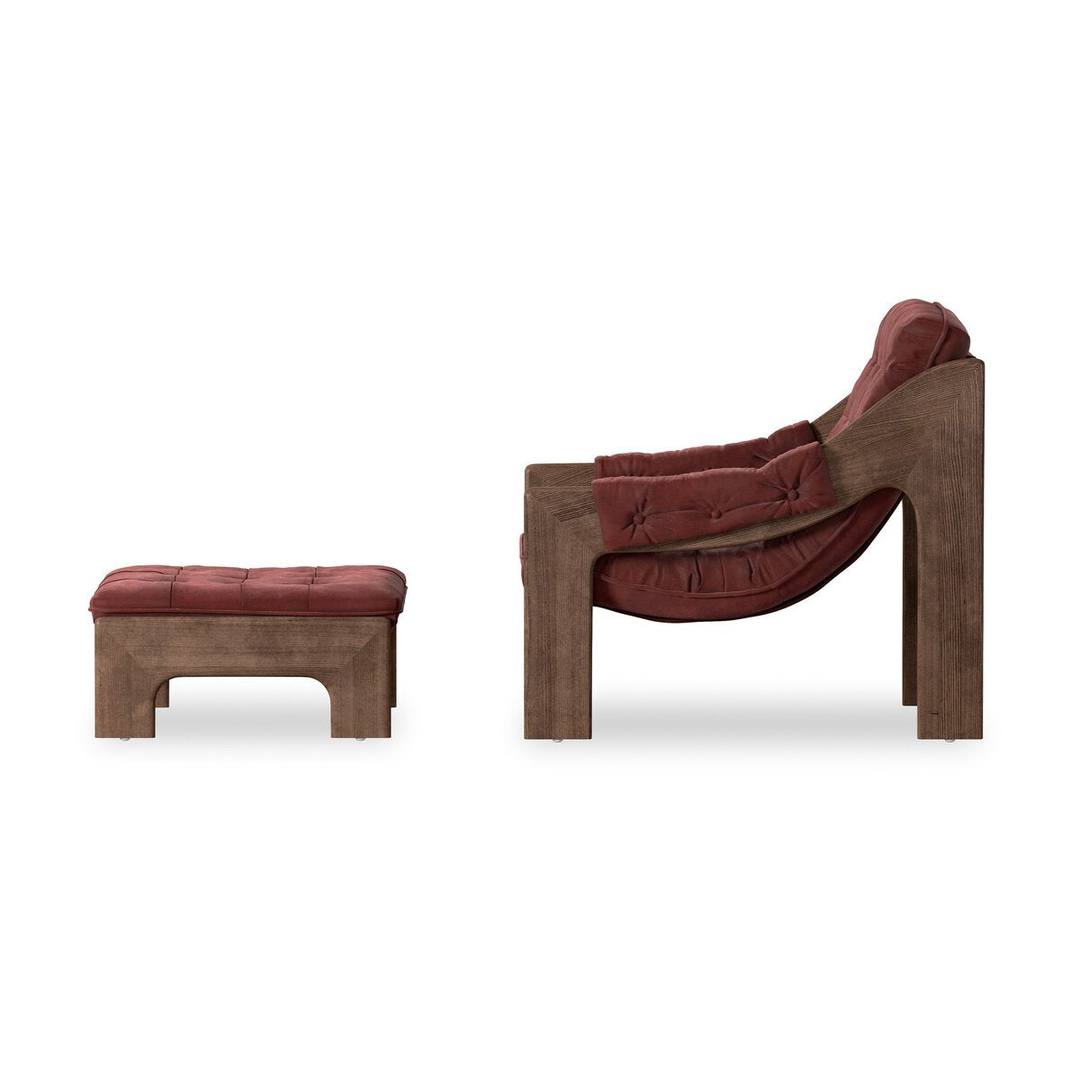 The Halston Chair With Ottoman features a deep red, tufted cushion and matching ottoman on sturdy, minimalist wooden frames. Dimensions: 30.00"w x 57.75"d x 32.00"h. Both are shown against a white background.