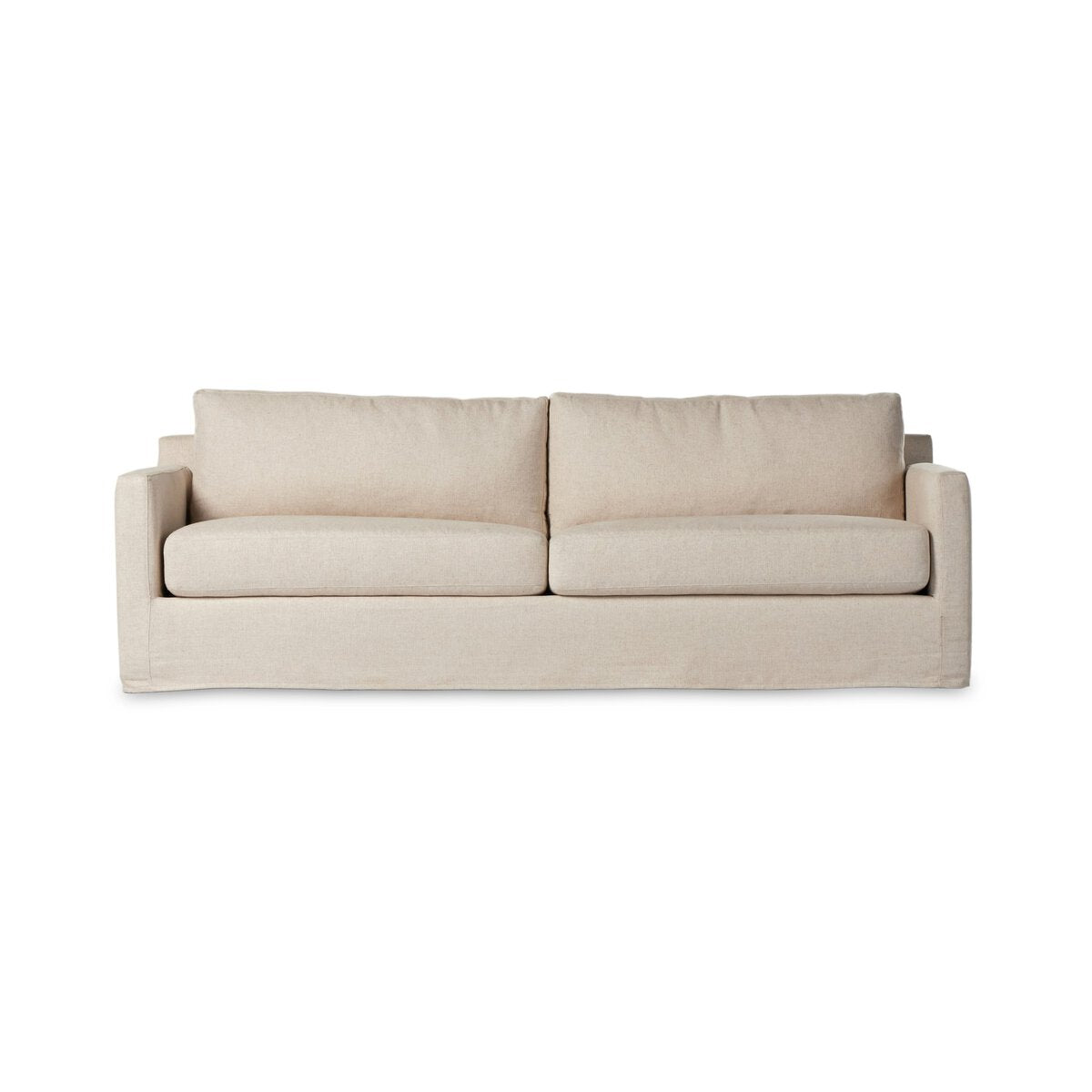 The Hampton Slipcover Sofa, a modern beige design with two seat and back cushions plus straight arms, is displayed against a white background—ideal for anyone focused on sofa dimensions and furniture size.