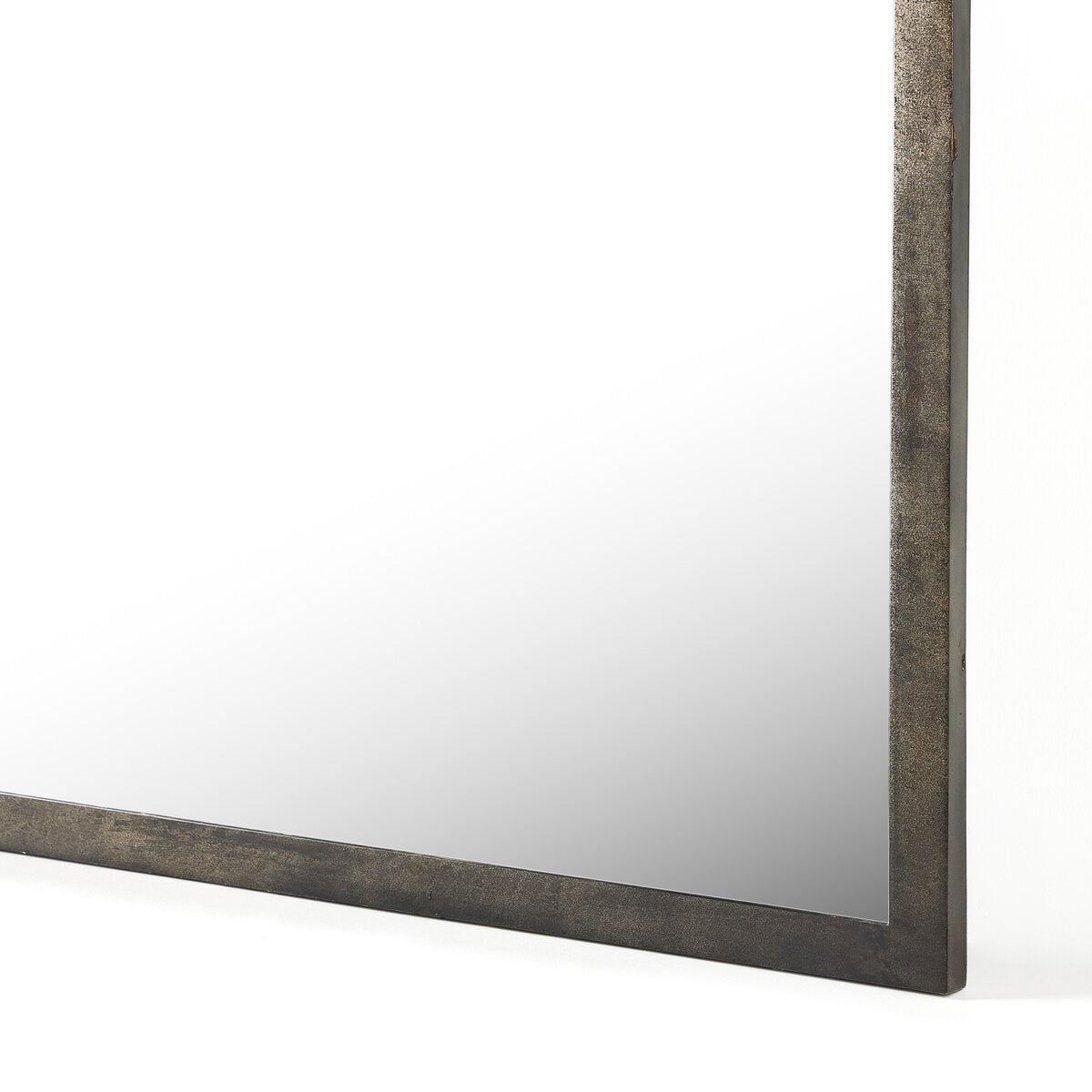 Troyes Floor Mirror, a rectangular floor mirror measuring 60.00″w x 2.00″d x 79.50″h with a dark, textured metal frame.