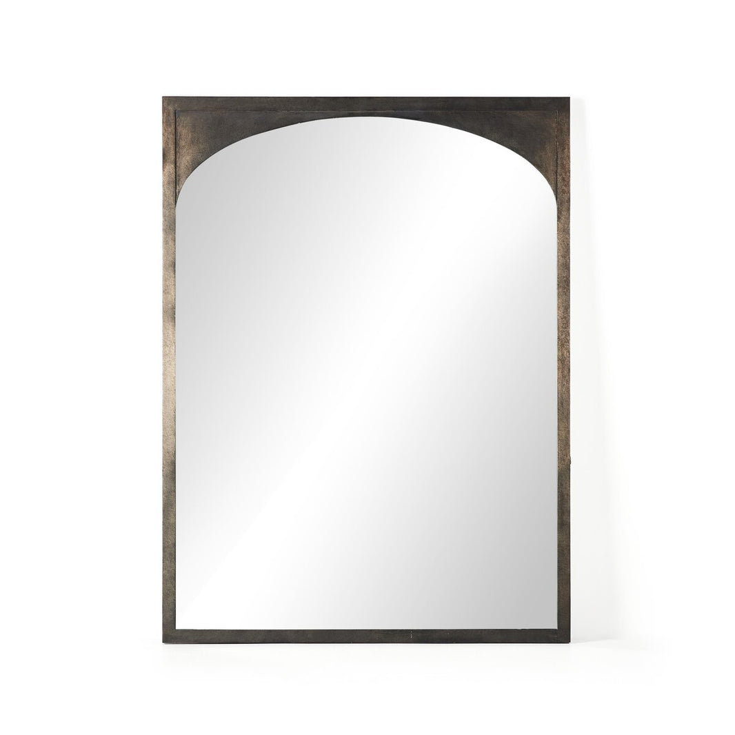 The Metal Floor Mirror features a black rectangular metal frame with an arched top, shown against a white background. Its charcoal finish brings modern elegance to any room.