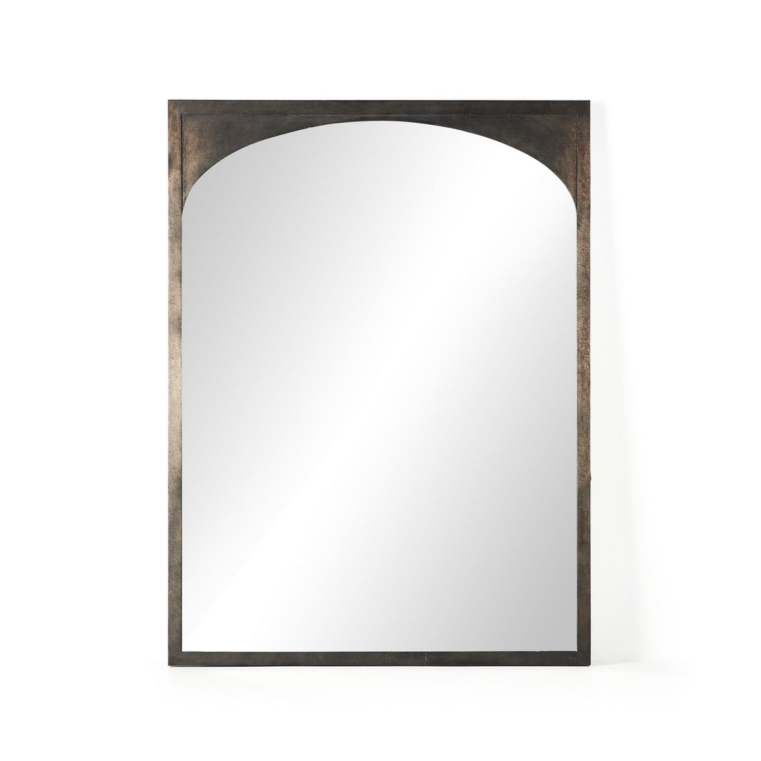 The Troyes Floor Mirror features a rectangular shape with an arched top, a burnished charcoal metal frame, and measures 60x2x79.5 cm. It is shown reflecting a blank white background.