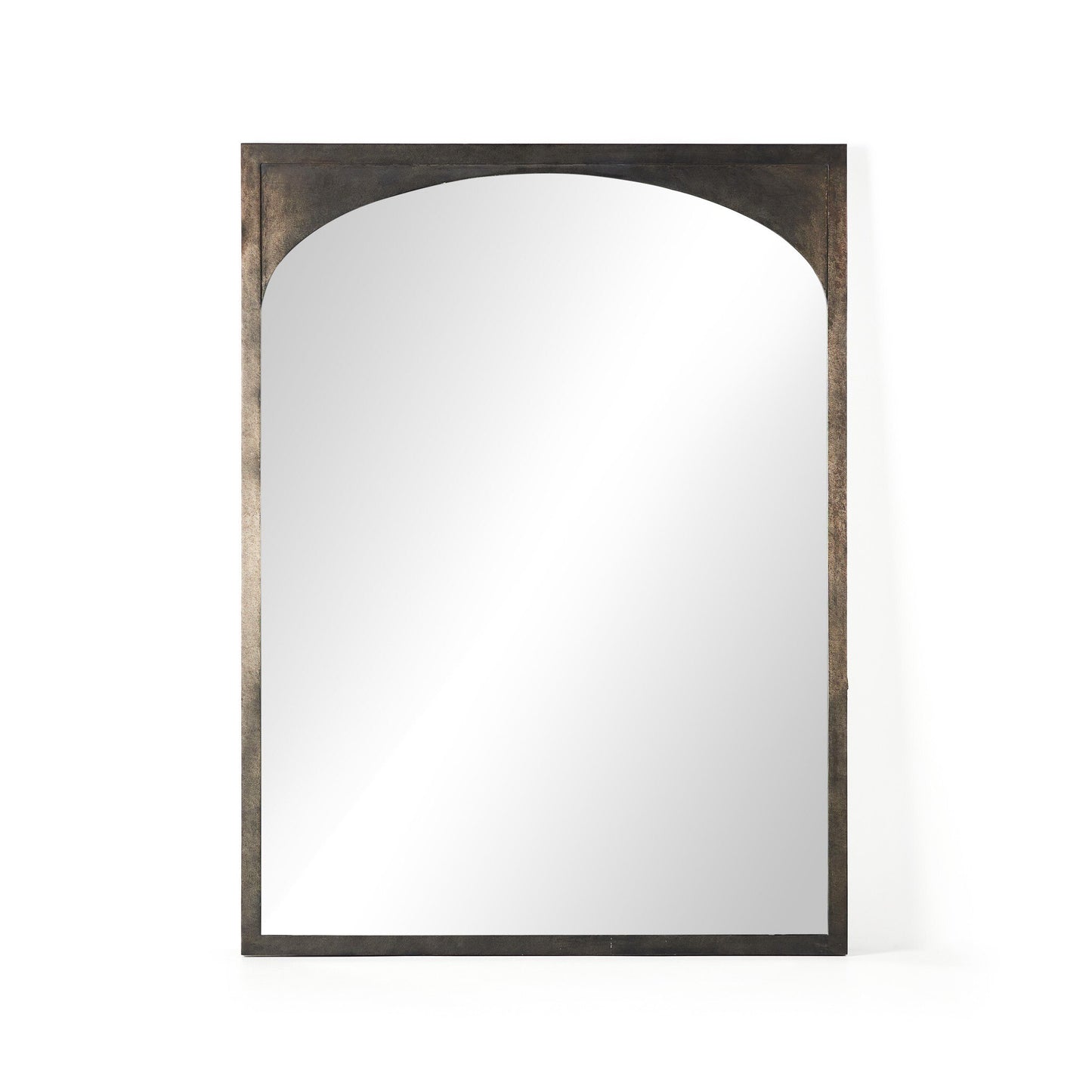 The Troyes Floor Mirror features a rectangular shape with an arched top, a burnished charcoal metal frame, and measures 60x2x79.5 cm. It is shown reflecting a blank white background.