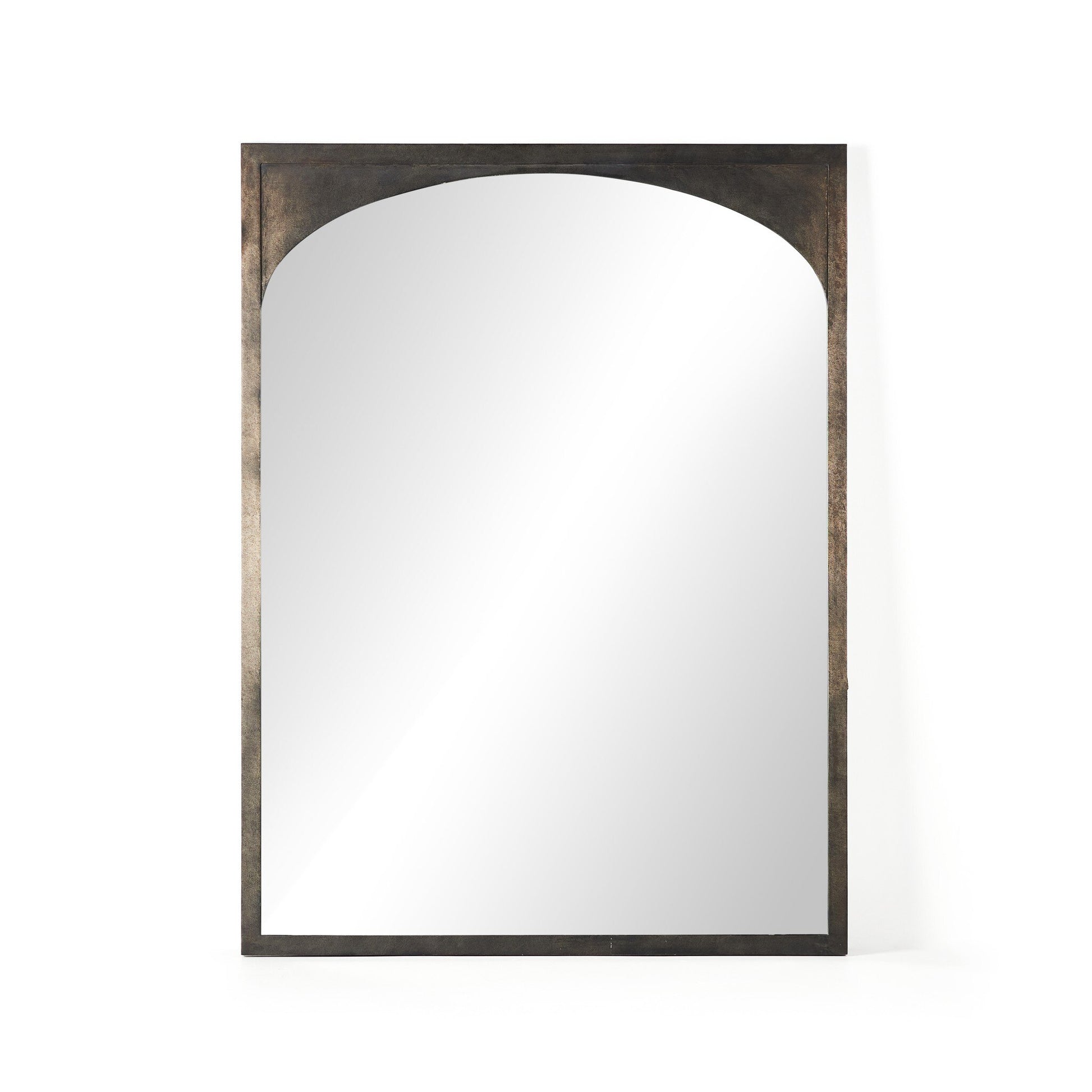 The Troyes Floor Mirror features a rectangular shape with an arched top, a burnished charcoal metal frame, and measures 60x2x79.5 cm. It is shown reflecting a blank white background.