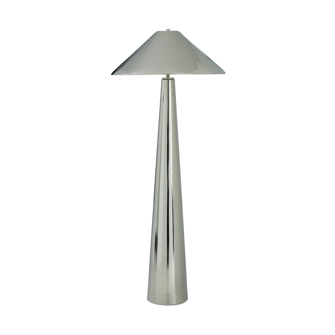 The Romani Floor Lamp boasts a tall, conical metallic base and a wide, cone-shaped lampshade, both in an iridescent finish. Its modern design stands out beautifully against a plain white background.