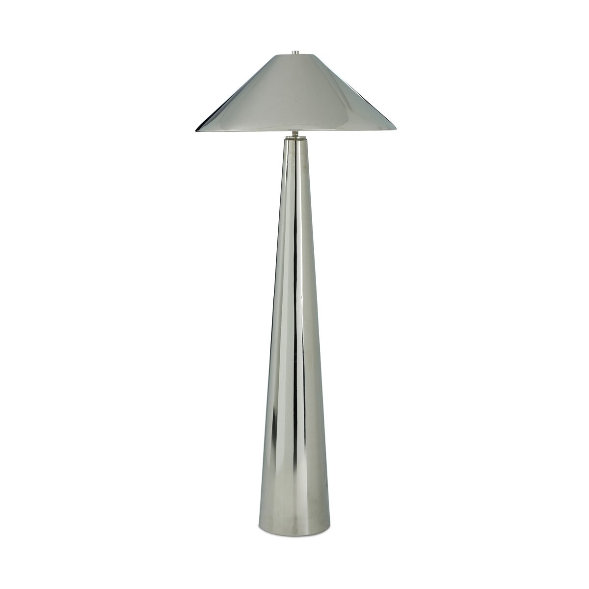 The Romani Floor Lamp boasts a tall, conical metallic base and a wide, cone-shaped lampshade, both in an iridescent finish. Its modern design stands out beautifully against a plain white background.