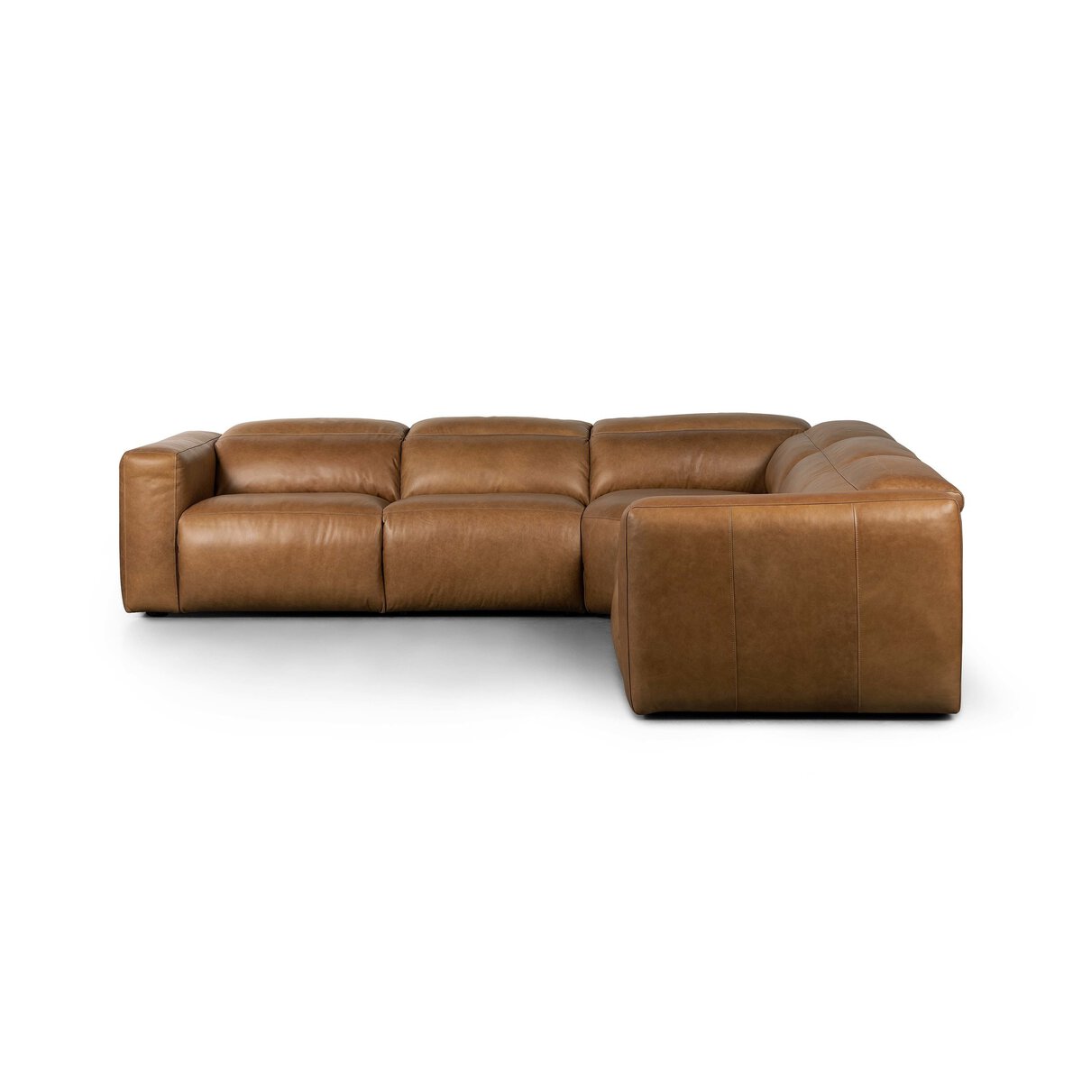 The Recliner Modular Sectional is a modern brown leather power motion sofa with wide, low-profile cushions and clean lines, arranged in an L-shape on a white background.
