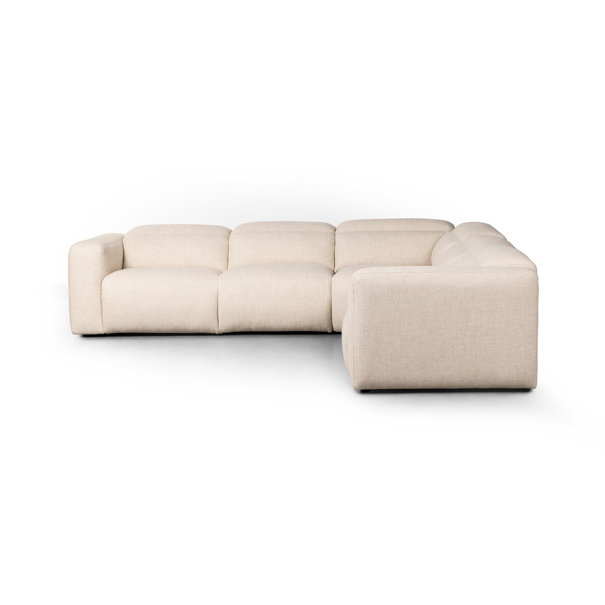 The Recliner Modular Sectional is a modern, cream-colored L-shaped sofa featuring plush tufted cushions, adjustable headrests, and wide armrests, displayed on a white background.