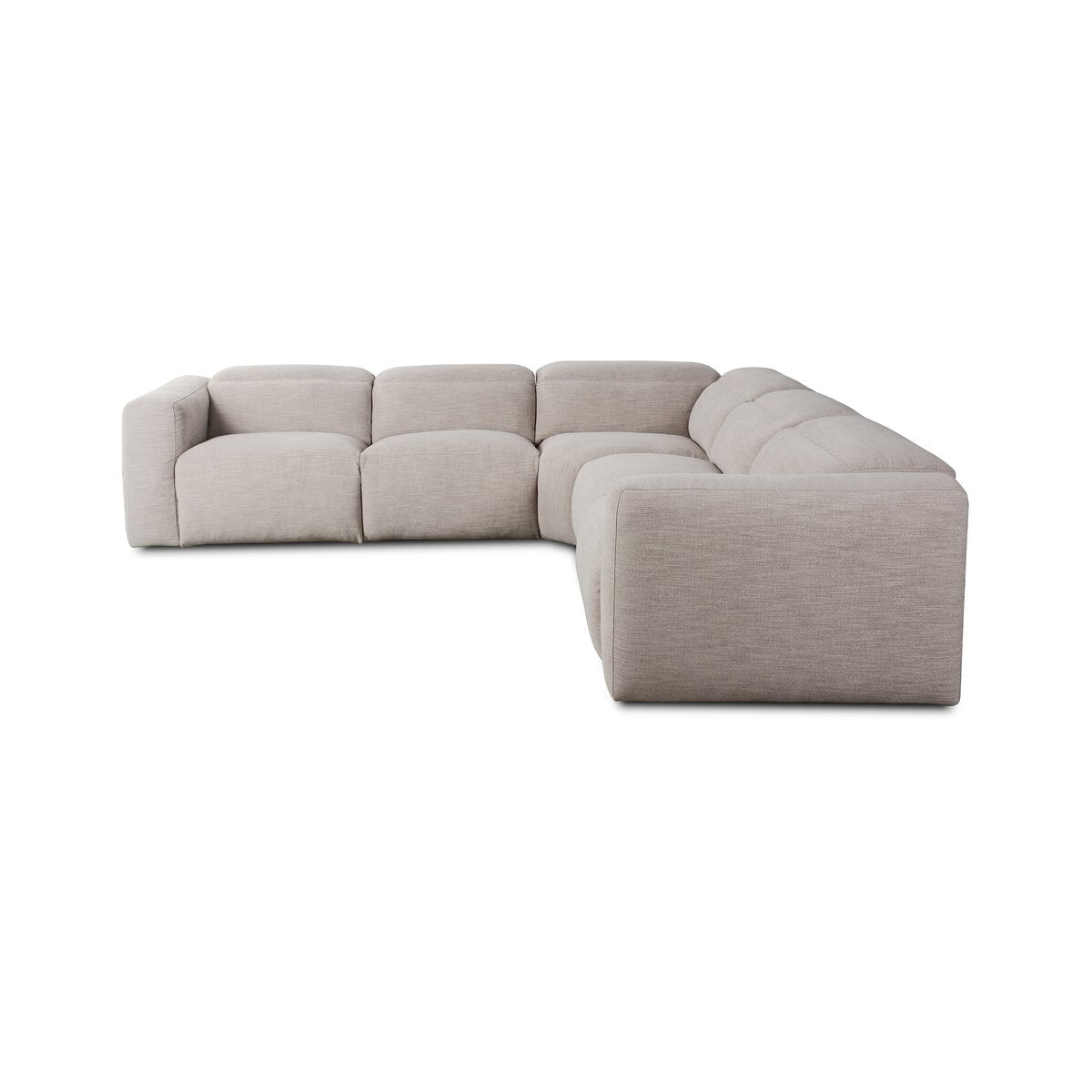 The Recliner Modular Sectional is a large, modern power motion sofa in light beige fabric with wide plush cushions, adjustable headrests, and a low-profile design, shown against a white background.