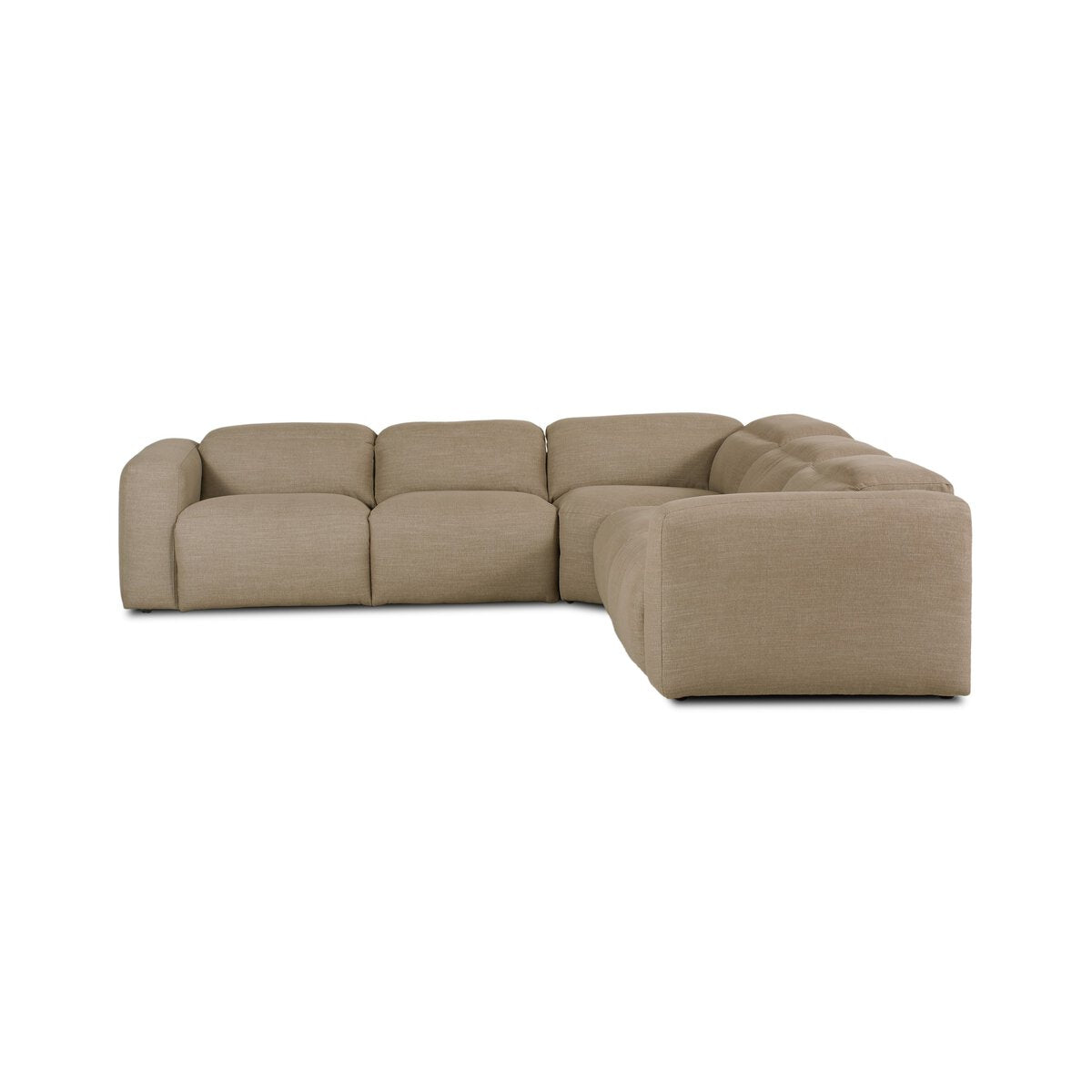 The Recliner Modular Sectional is a modern, L-shaped power motion sofa in beige fabric with plush rounded cushions, adjustable headrest, and low-profile design, shown against a plain white background.