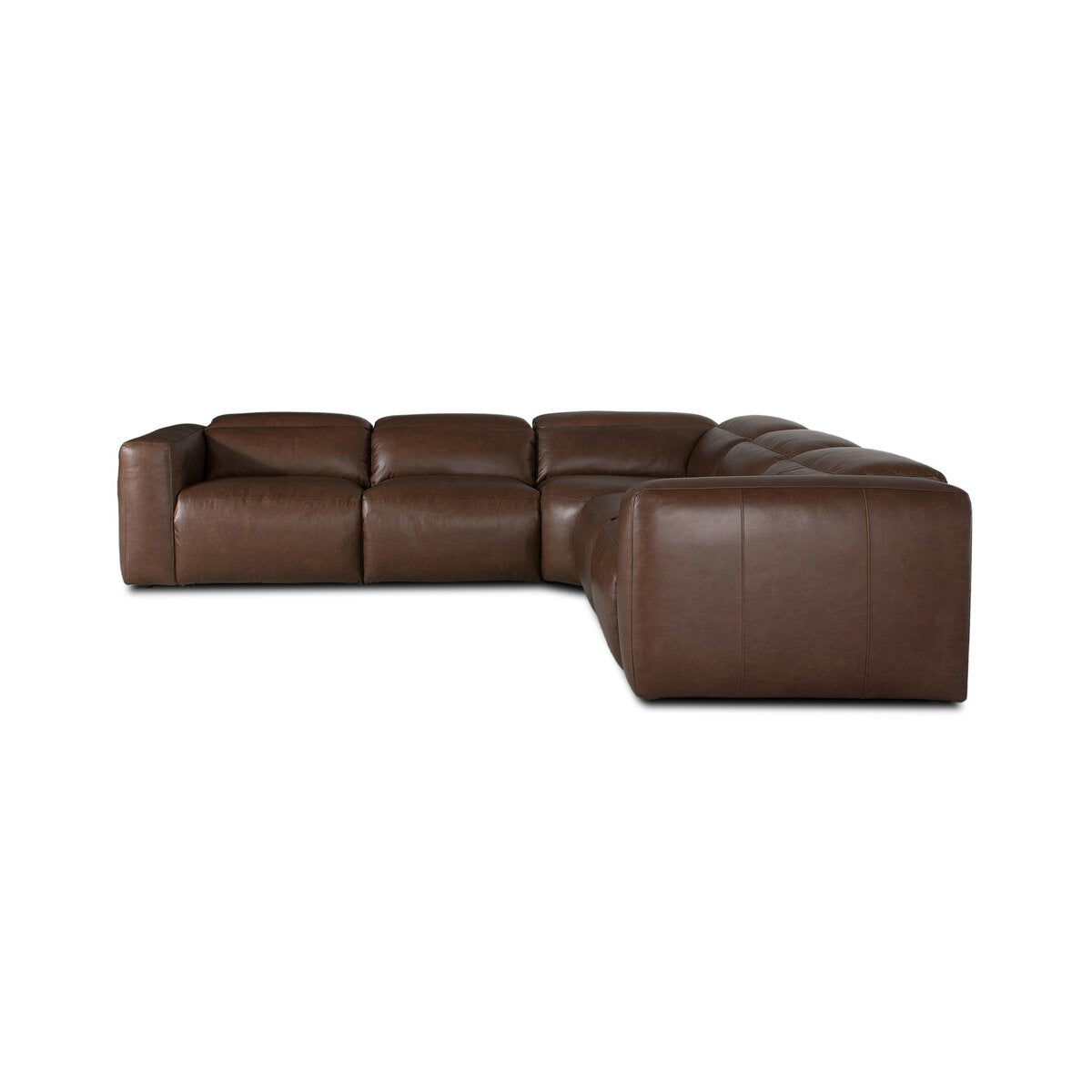 The Recliner Modular Sectional is a spacious, modern brown leather power motion sofa featuring wide cushioned seats, adjustable headrests, and an L-shaped design set against a white background.