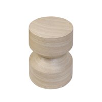 The Ara End Table features a light wood finish and a cylindrical hourglass shape, making it a versatile piece that works as a small side table or distinctive accent furniture for any room.