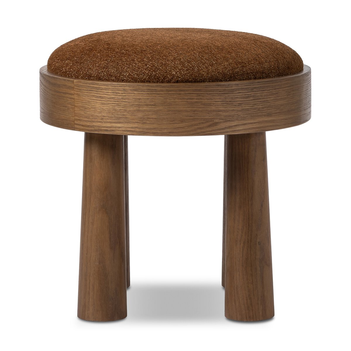 The Louise Accent Stools feature a round wooden design with three sturdy legs and a brown upholstered cushion seat, ideal as a 19-inch side table or small accent piece for any room.