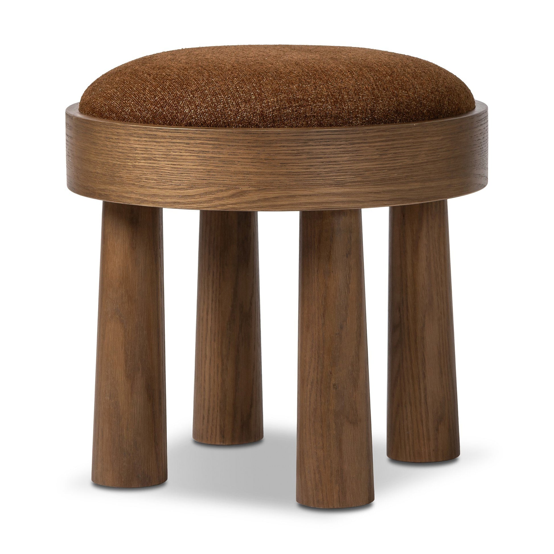 The Louise Accent Stools feature a round wooden design with four wide cylindrical legs and a brown cushioned seat; they can also double as small accent tables, shown against a white background.