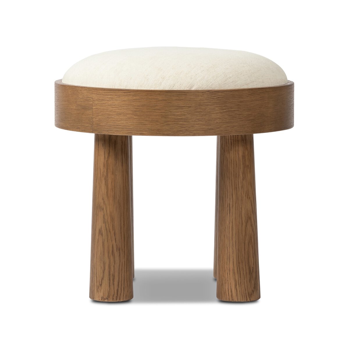 The Louise Accent Stools feature a compact 19-inch, round wooden frame with three cylindrical legs and a cushioned light beige upholstered seat, making them perfect ottomans for any space. Shown against a white background.