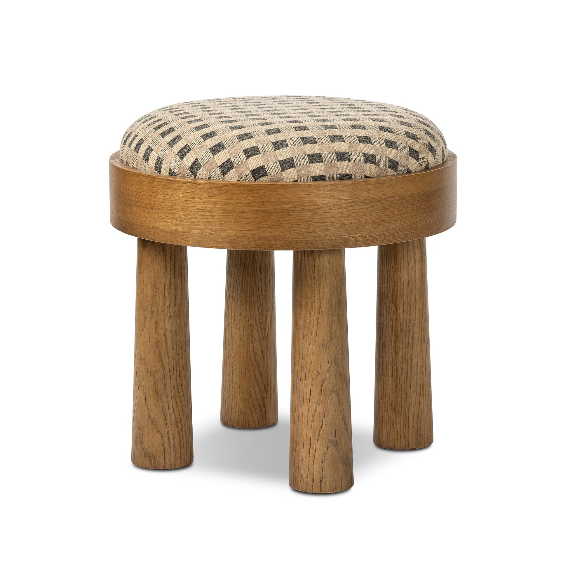 The Louise Accent Stools feature a round wooden design with four wide legs and a cushioned beige seat with a black grid pattern, making them unique accent tables against any white background.