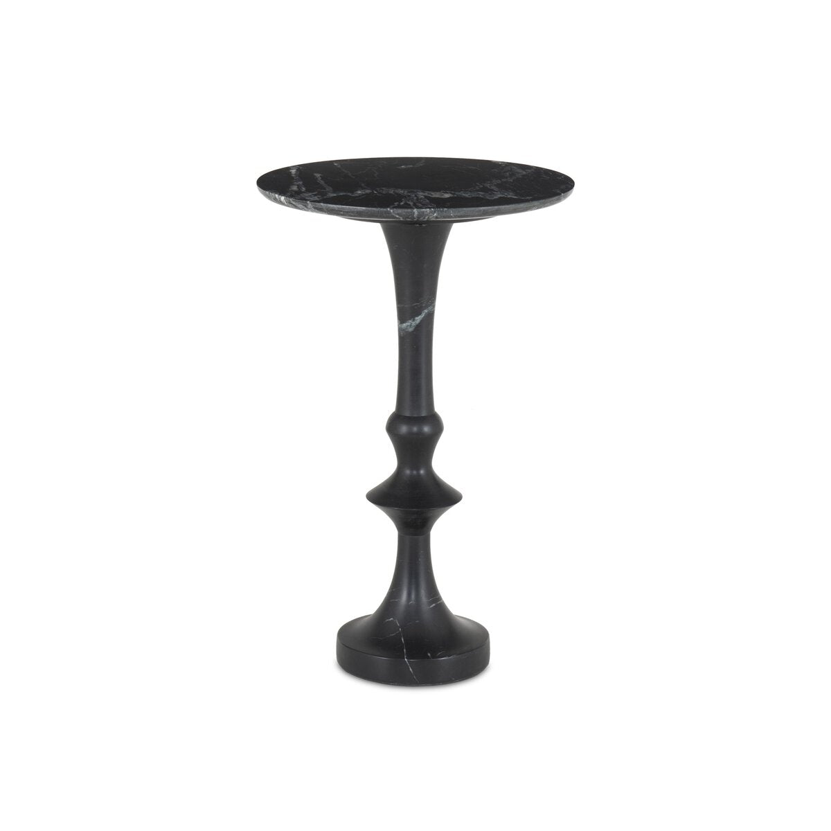 The Sculpted Marble Side Table features a small, round black marble top, a slender sculpted stem, and a circular base, all crafted from solid marble and displayed against a white background.