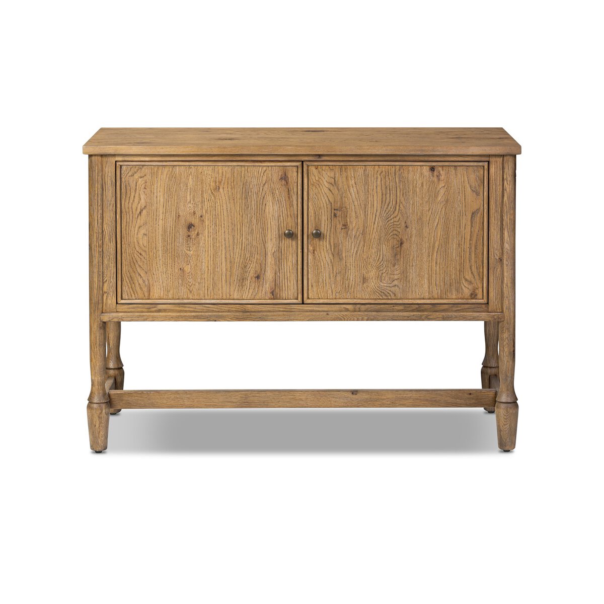 The 46" Oak Sideboard is a wooden cabinet, 46 inches wide and 33 inches high, with two closed doors featuring round knobs, four legs connected by a support bar, shown against a white background.
