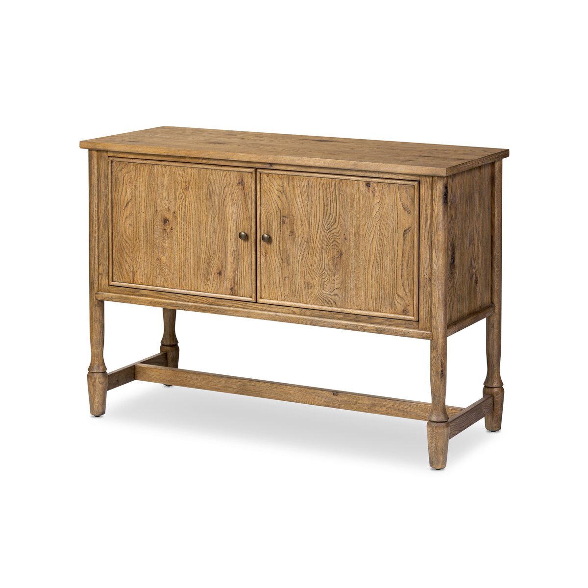 The 46" Oak Sideboard features two cabinet doors with round knobs, a natural wood grain finish, and four sturdy legs with side supports. At 33 inches high and 46 inches wide, it's perfect for any space.