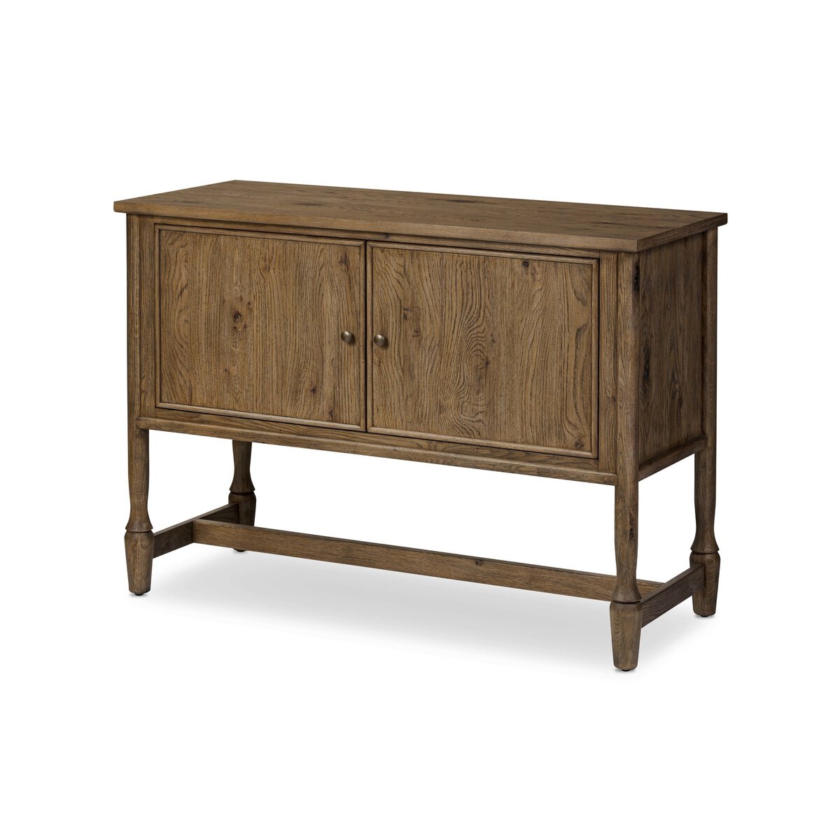 The Bari Sideboard 46" features a natural wood finish, two front doors with round metal knobs, and four straight legs joined by a base stretcher. Dimensions: 46.00"w x 19.00"d x 33.00"h.