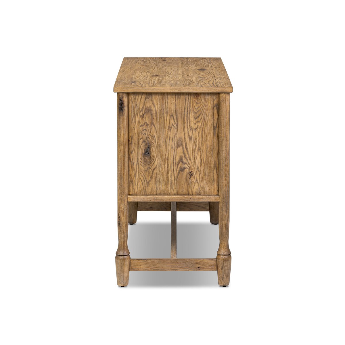 Side view of the 46" Oak Sideboard, showcasing a rectangular natural wood top, simple side panel detailing, and four slightly tapered legs; its overall size matches a 46-inch wide dresser and stands about 33 inches high.