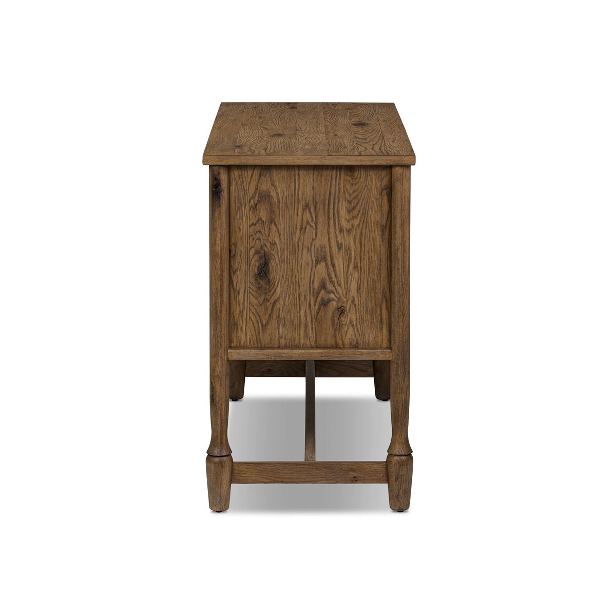 The Bari Sideboard 46" features a natural wood finish, simple rectangular top, side panel detailing, and four subtly curved legs. Dimensions: 46.00"w x 19.00"d x 33.00"h.