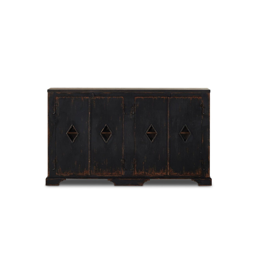 The Humptulips River Moonshine Cabinet is a black wooden storage rack with four doors, each with a diamond-shaped cutout. It features a distressed vintage finish and stands on short block-style legs.