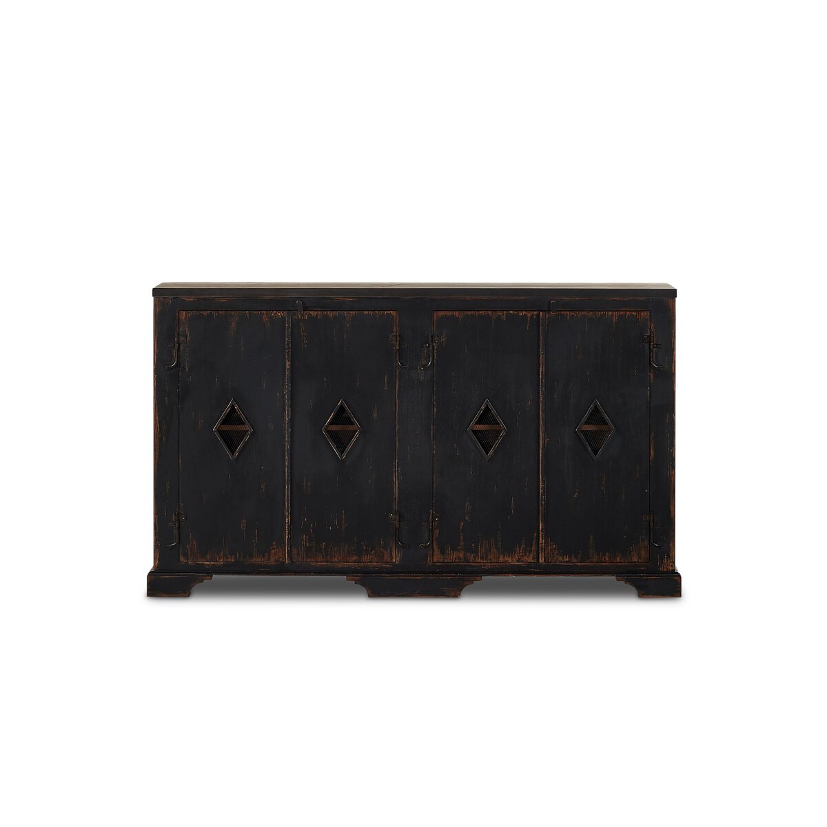 The Humptulips River Moonshine Cabinet is a black wooden storage rack with four doors, each with a diamond-shaped cutout. It features a distressed vintage finish and stands on short block-style legs.