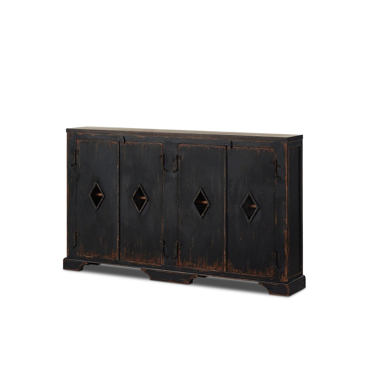The Humptulips River Moonshine Cabinet is a distressed black wooden sideboard with four doors, each featuring a diamond-shaped cutout handle. Its rustic, vintage style makes it ideal for use as storage rack or shelving unit for stylish organization.