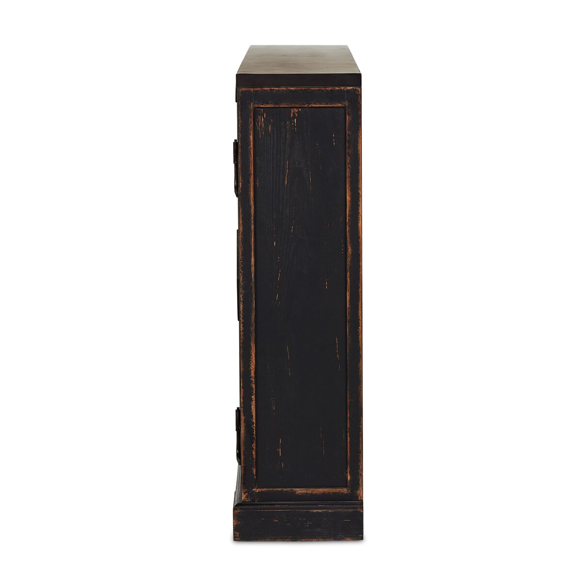 Side view of the Humptulips River Moonshine Cabinet, a tall rectangular wooden piece with a distressed black finish, panel detailing, and worn edges; dimensions: 74.50"w x 43.00"h x 12.00"d.