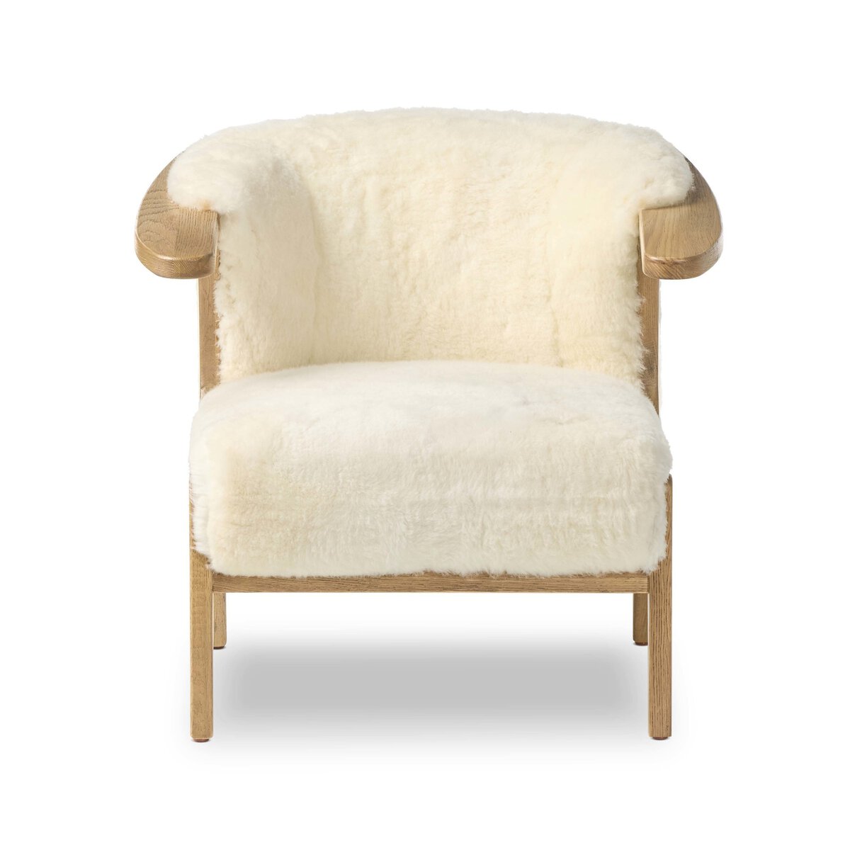 The Fabian Chair features a modern design with a curved wooden back and armrests, upholstered in fluffy, cream-colored faux fur—making it an ideal accent chair for any living room furniture collection.